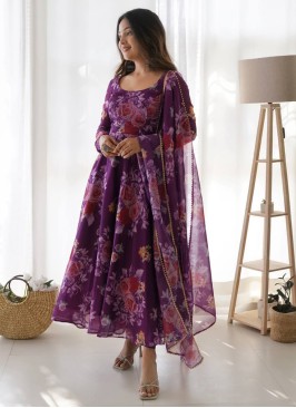 Purple Floral Printed Anarkali Suit With Dupatta