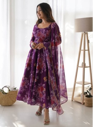 Purple Floral Printed Anarkali Suit With Dupatta