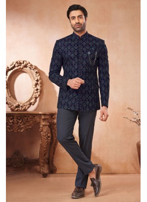 Velvet Blue Thread Embroidered Jodhpuri Suit