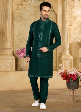 Vibrant Green Cotton Silk Nehru Jacket Set For Men