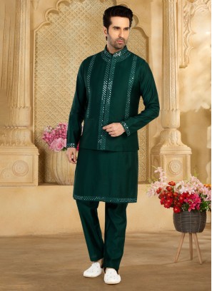 Vibrant Green Cotton Silk Nehru Jacket Set For Men