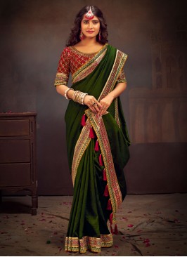 Artificial Silk Mehndi Green Contemporary Saree