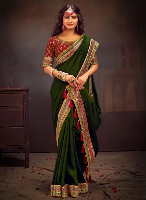 Artificial Silk Mehndi Green Contemporary Saree