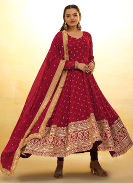 Maroon Readymade Anarkali With Embroidered Dupatta
