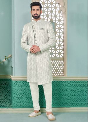 Weaving Embroidered Stylish Light Grey Indowestern Set