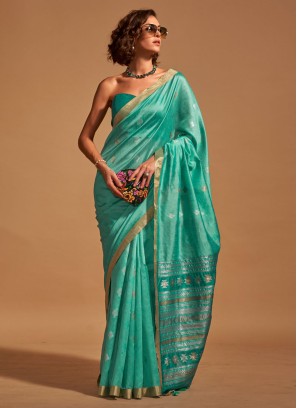 Sea Green Weaving Handloom Silk Contemporary Saree
