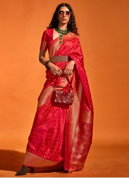 Exquisite Deep Pink Woven Satin Silk Trendy Saree