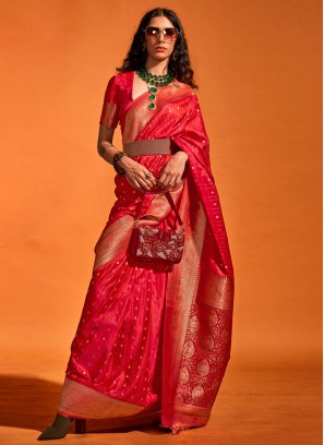 Exquisite Deep Pink Woven Satin Silk Trendy Saree