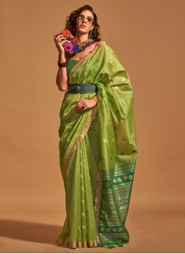 Parrot Green Woven Handloom Silk Designer Saree