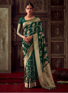 Dark Green Woven Banarasi Crepe Saree
