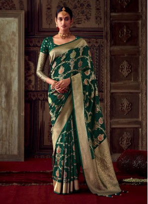 Dark Green Woven Banarasi Crepe Saree