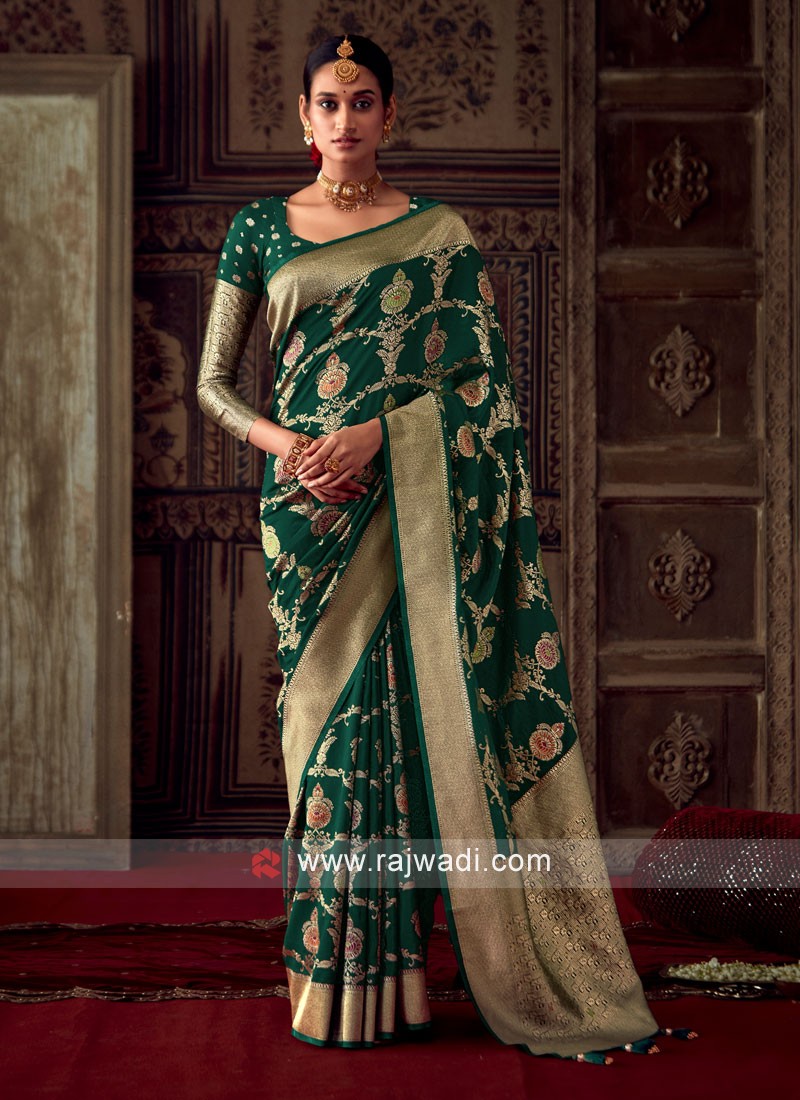 Charming Dark Green and golden zari Designed Silk Beautiful GREEN Paithani  Saree