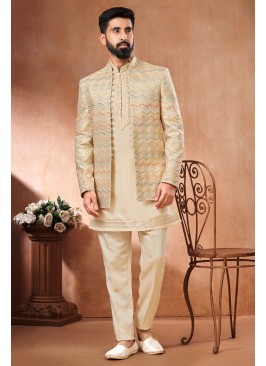 Wedding Wear Cream Jacket Style Indowestern Set