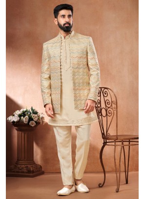 Wedding Wear Cream Jacket Style Indowestern Set