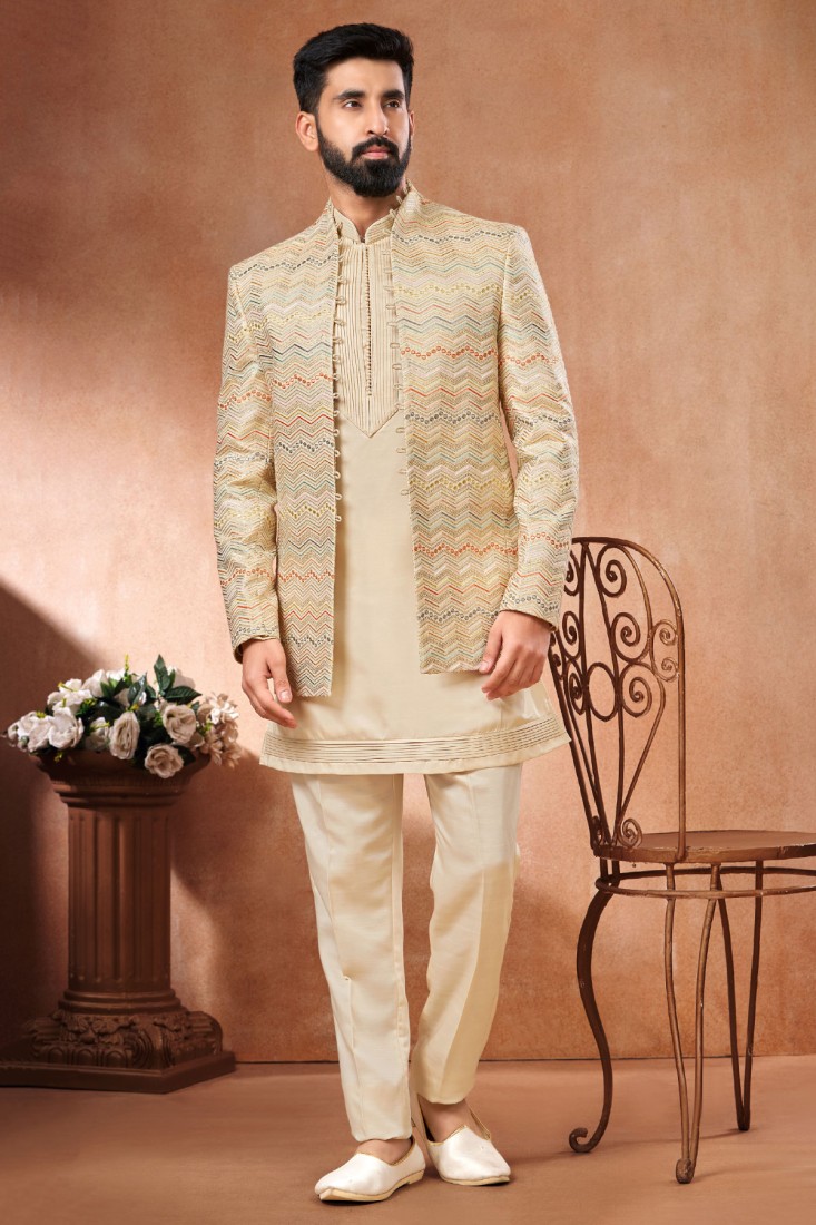 Wedding Wear Cream Jacket Style Indowestern Set