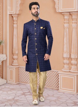 Wedding Wear Dark Blue Banglori Silk Indowestern Set