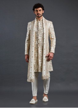 Wedding Wear Embroidered Cream Sherwani With Dupat