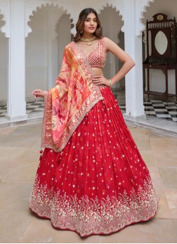 Dark Coral Sequins Embellished Wedding Lehenga Cho