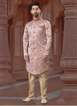 Wedding Wear Jacquard Silk Peach Indowestern Set