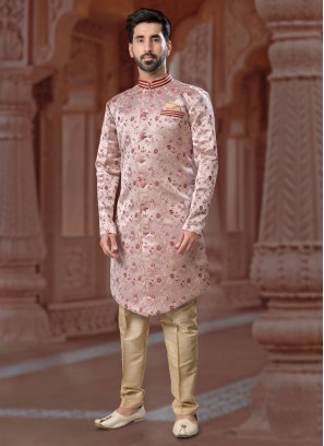 Wedding Wear Jacquard Silk Peach Indowestern Set