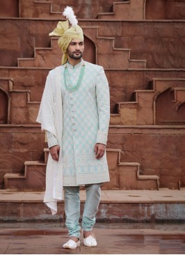 Wedding Wear Light Aqua Blue Embroidered Sherwani Set