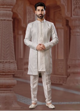 Wedding Wear Light Grey Jacket Style Indowestern Set