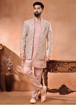 Wedding Wear Light Pink Jacket Style Indowestern Set