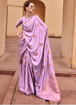 Wedding Wear Lilac Satin Fabric Saree