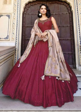 Maroon Flared Anarkali With Organza Dupatta