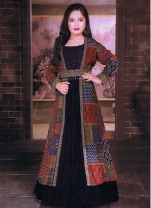 Wedding Wear Navy Blue Gown With Printed Long Jacket