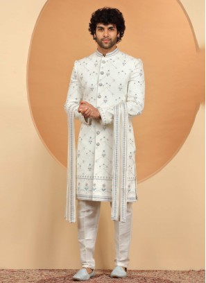 Wedding Wear Off white Embroidered Sherwani Set