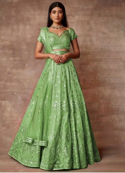 Wedding Wear Organza Lehenga Choli In Parrot