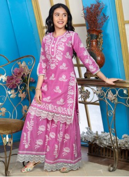 Wedding Wear Pink Cotton Thread Embroidered Sharara Suit