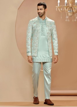 Wedding Wear Sequins Embroidered Mint Green Indowestern Set