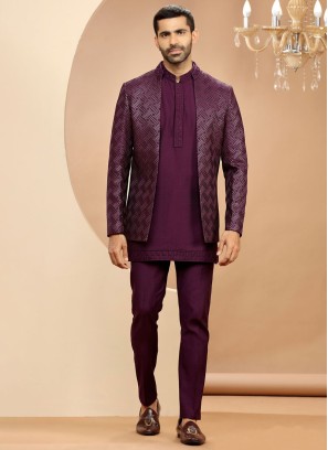 Wedding Wear Sequins Embroidered Purple Indowestern Set