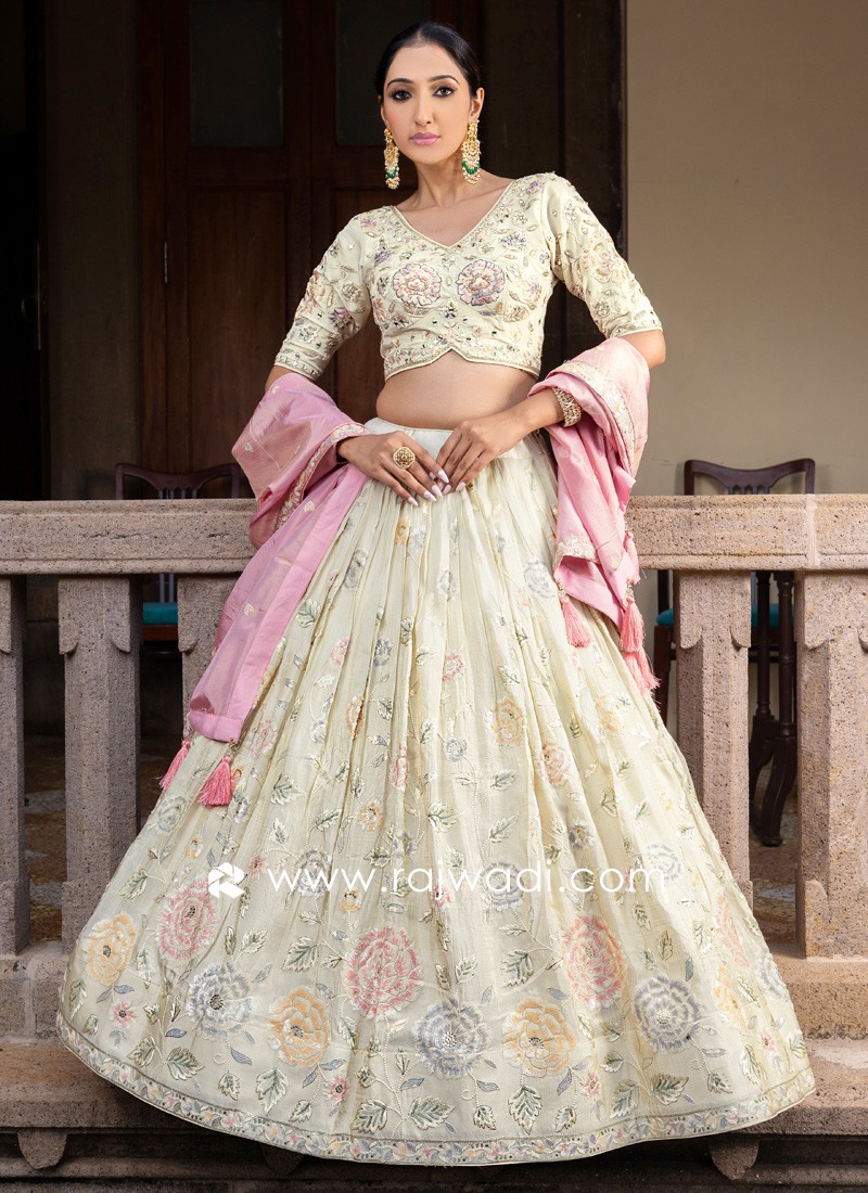 Wedding Wear Silk Cream Lehenga Choli For Women