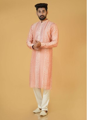 Wedding Wear Silk Kurta Pajama In Peach