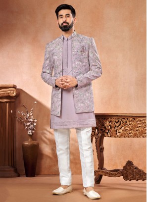 Wedding Wear Thread Embroidered Jacket Style Indowestern Set