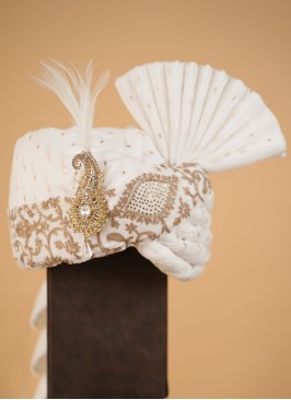 Wedding Wear Thread Embroidered White Turban