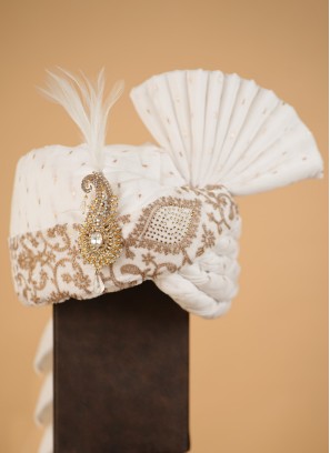 Wedding Wear Thread Embroidered White Turban