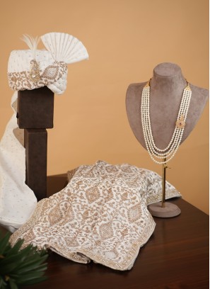 Wedding Wear Thread Embroidered White Turban, Dupatta And Mala