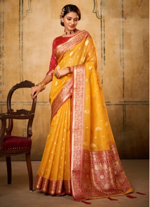 Wedding Wear Tissue Saree With Weaving Work