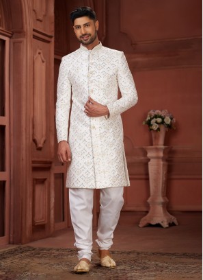 Wedding Wear White Sequins Embroidered Sherwani Set
