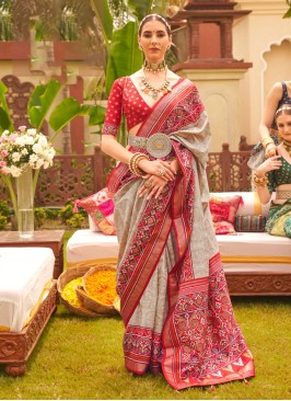 Dark Beige And Maroon Printed Silk Saree