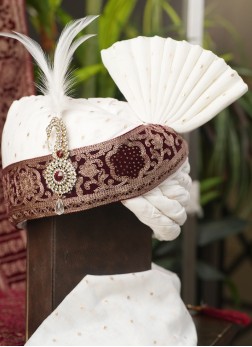 White And Dark Maroon Wedding Safa For Groom