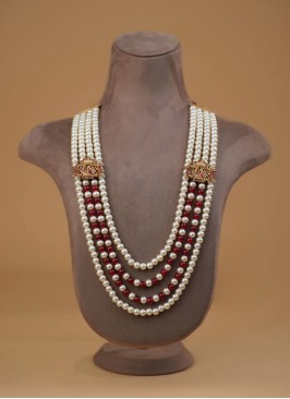 White And Maroon Color Four Layered Pearl Mala