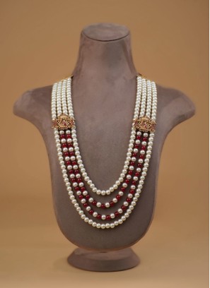 White And Maroon Color Four Layered Pearl Mala