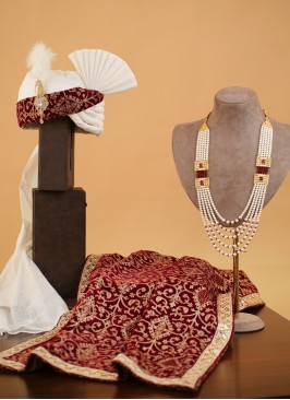 White And Maroon Handmade Thread Embroidered Turban, Dupatta And Mala