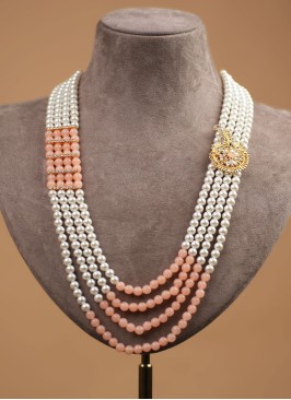 White And Peach Color Four Layered Pearl Mala
