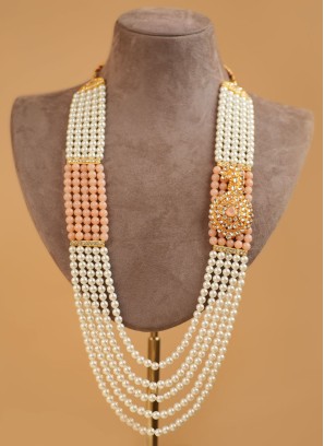 White And Peach Pearl Layered Mala For Men